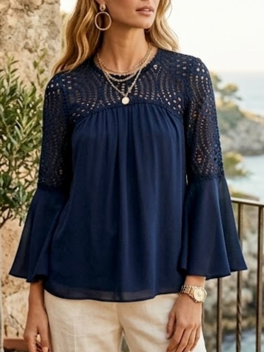 Lilly Pulitzer Flounce Sleeve Navy Lace Crochet Women's Top Size 2